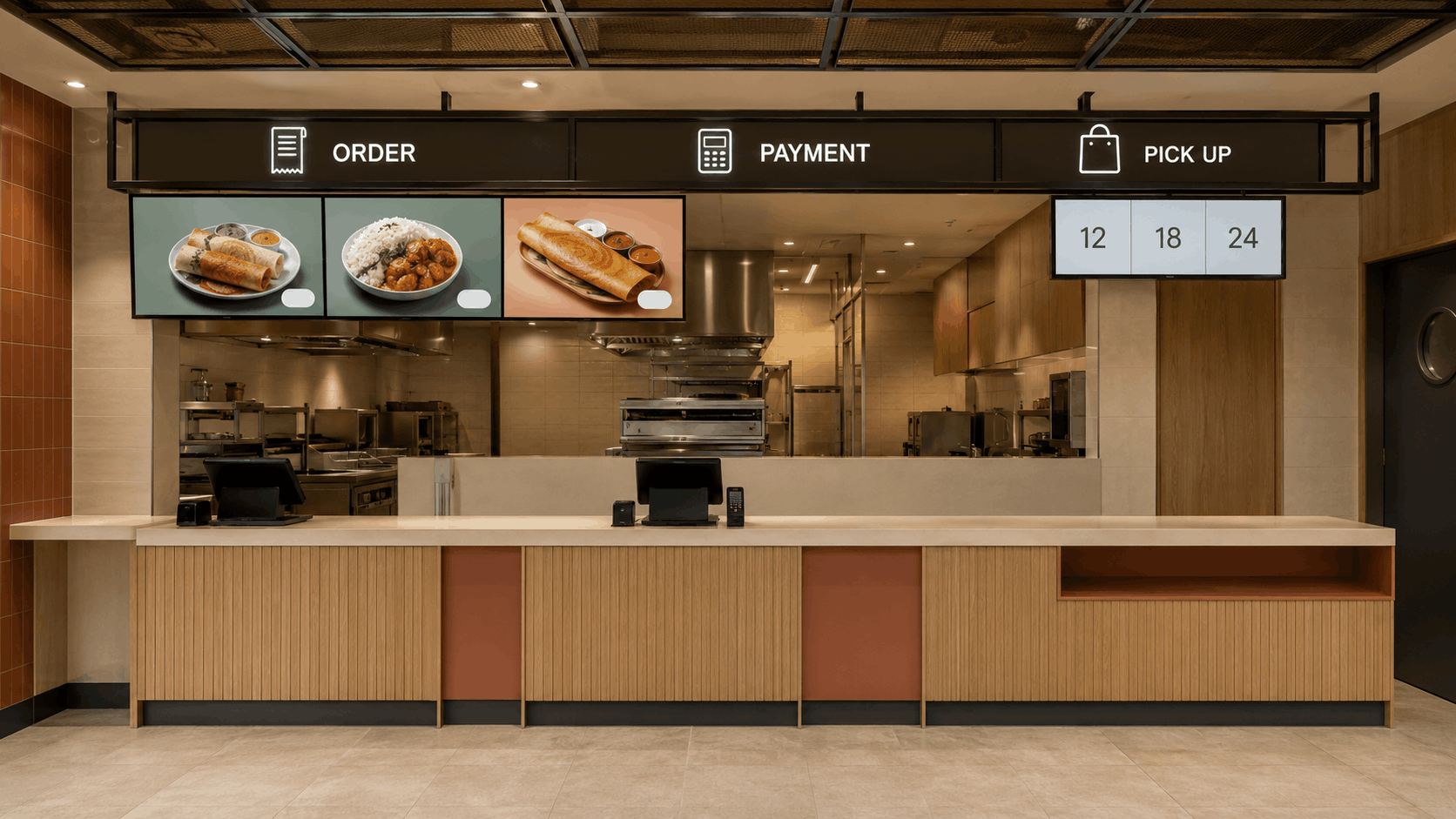Overhead directional signage reading order, pick up, seating, and washrooms inside a warm-toned QSR interior